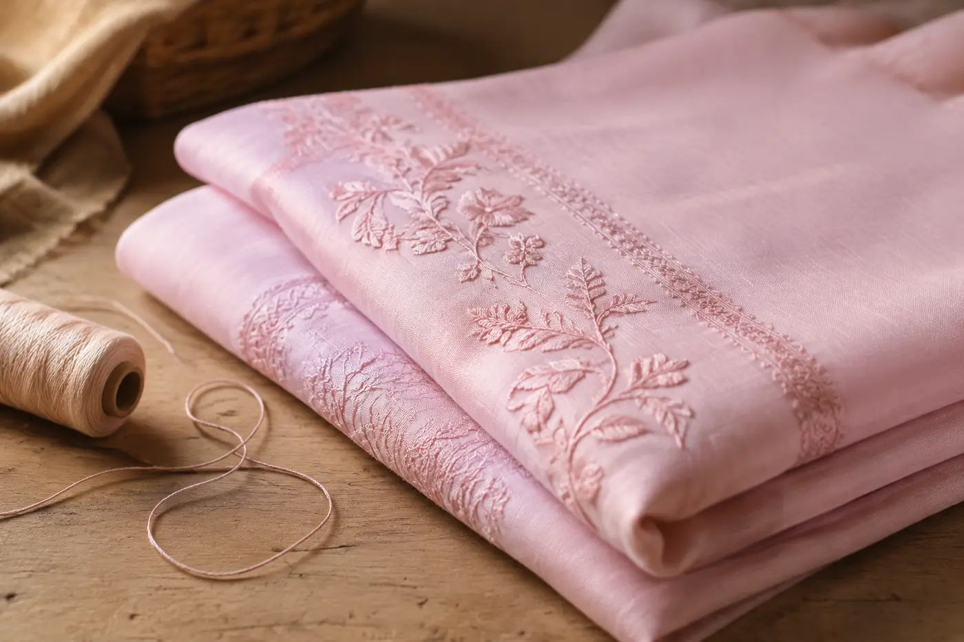 Baby-pink embroidered fabric in the KYRA NX atelier